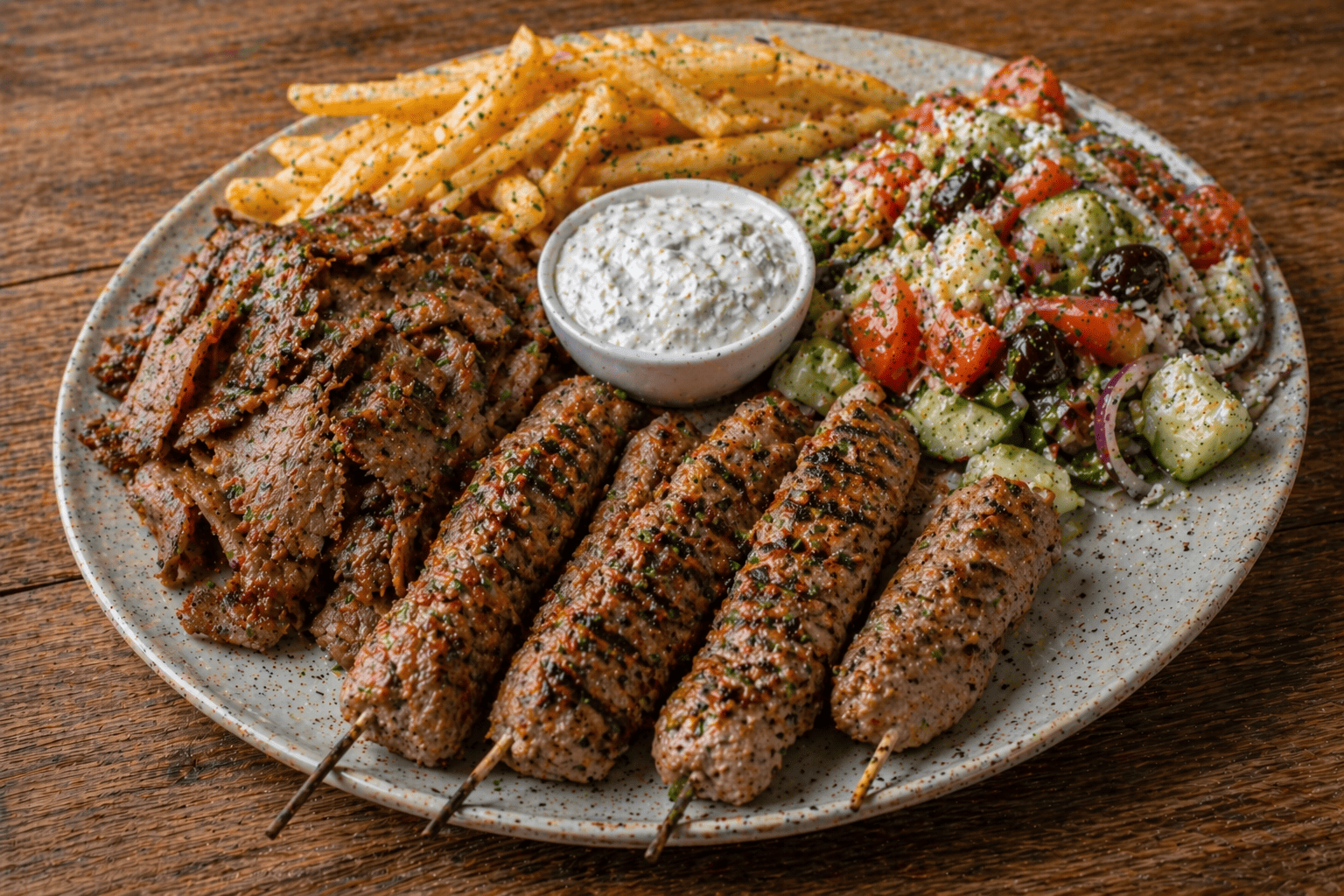 Ouzo-Teller mit Gyros, Suzuki und Suflaki — Kreta Grill Aerzen